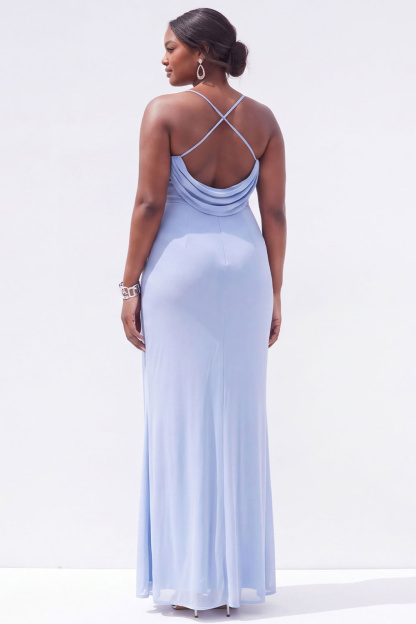 Black Mermaid Cowl Neck Ruched Maxi Plus Size Wedding Guest Dress