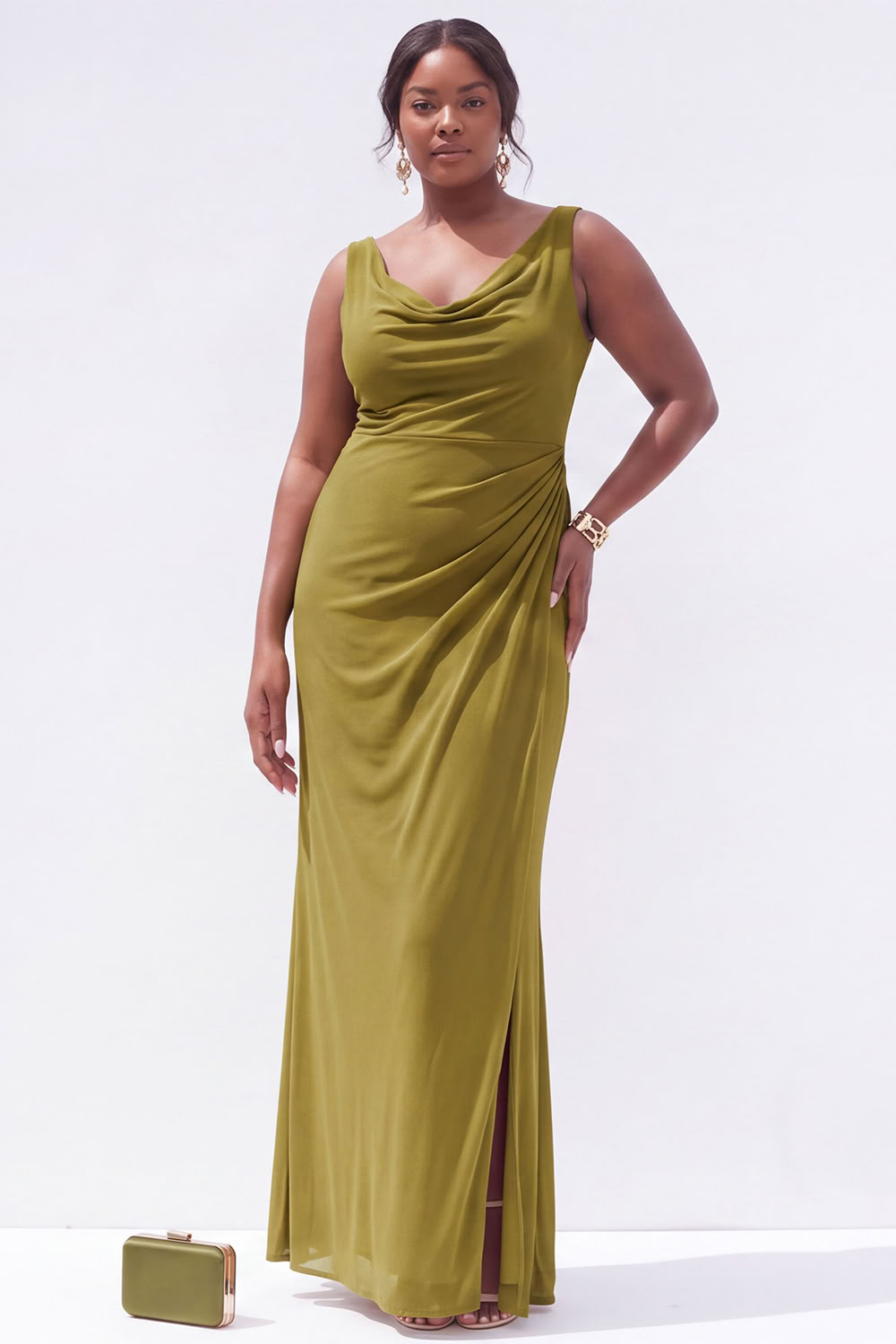Black Mermaid Cowl Neck Ruched Maxi Plus Size Wedding Guest Dress