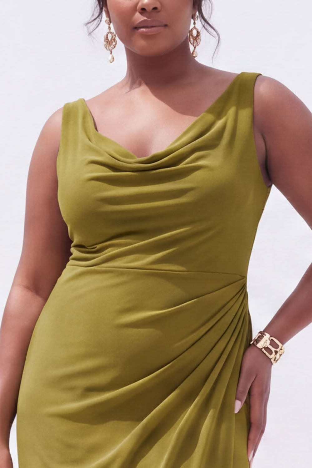 Black Mermaid Cowl Neck Ruched Maxi Plus Size Wedding Guest Dress