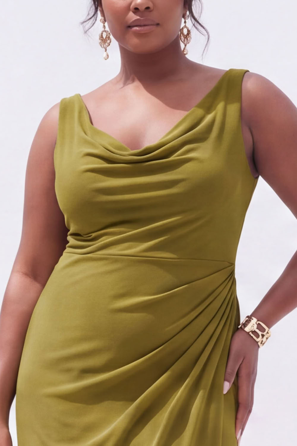 Black Mermaid Cowl Neck Ruched Maxi Plus Size Wedding Guest Dress