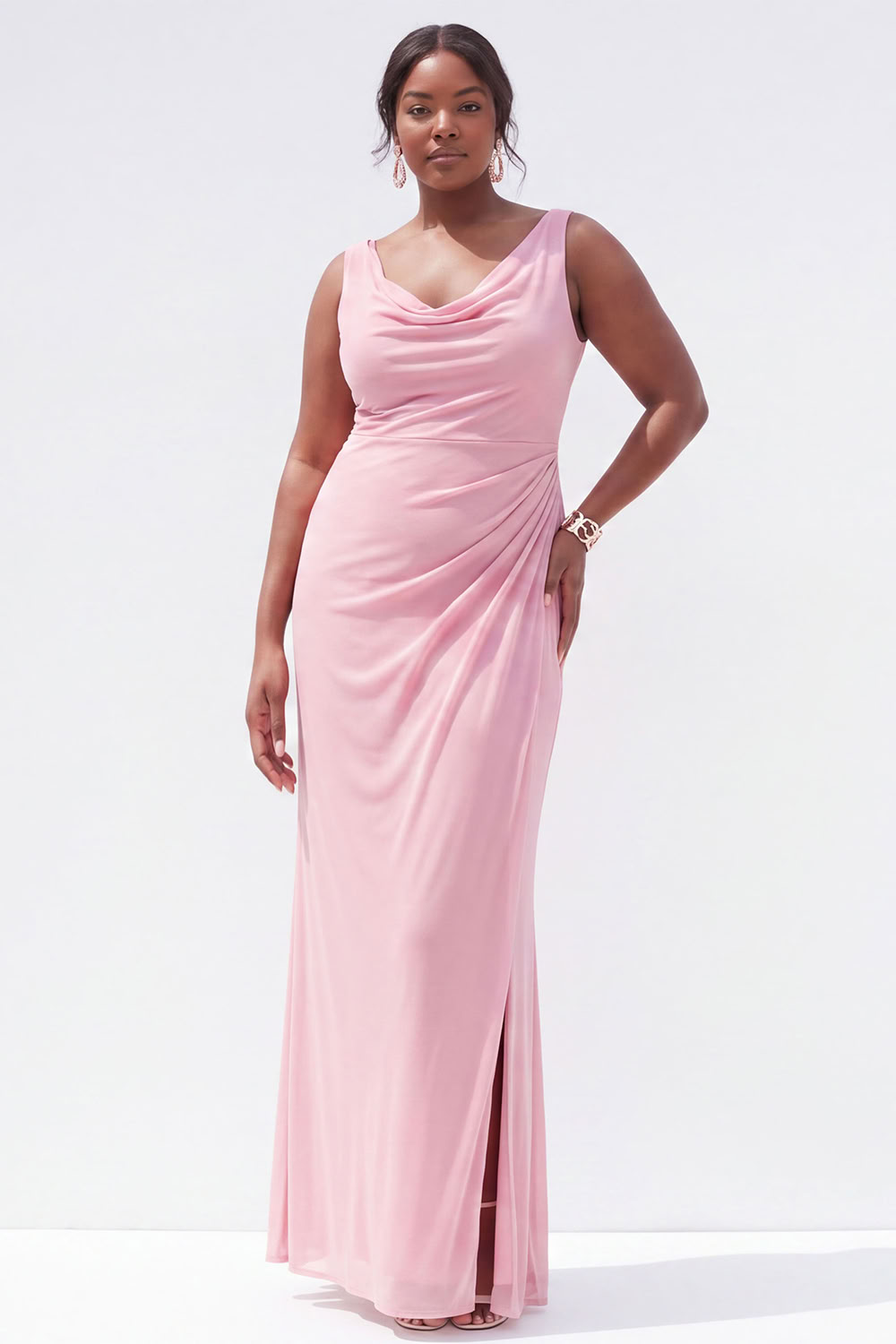 Black Mermaid Cowl Neck Ruched Maxi Plus Size Wedding Guest Dress