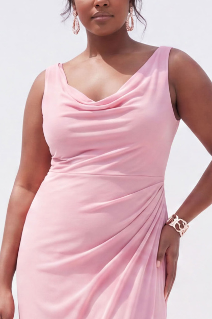 Black Mermaid Cowl Neck Ruched Maxi Plus Size Wedding Guest Dress