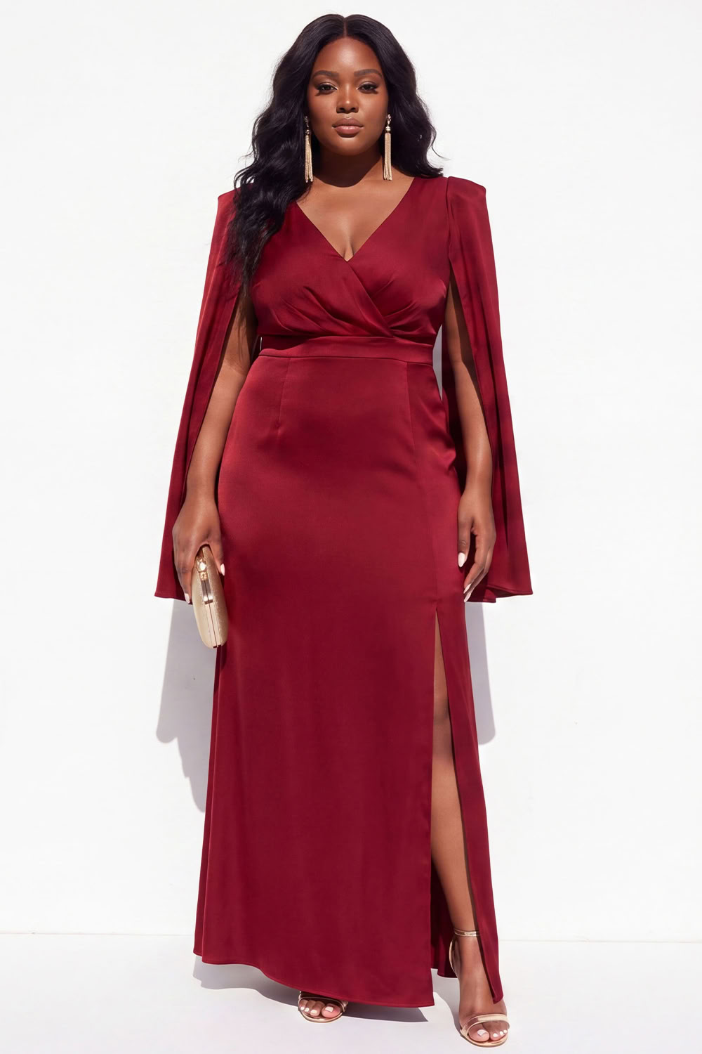 Plus Size Burgundy V-Neck Maxi Wedding Guest Dress with Slit