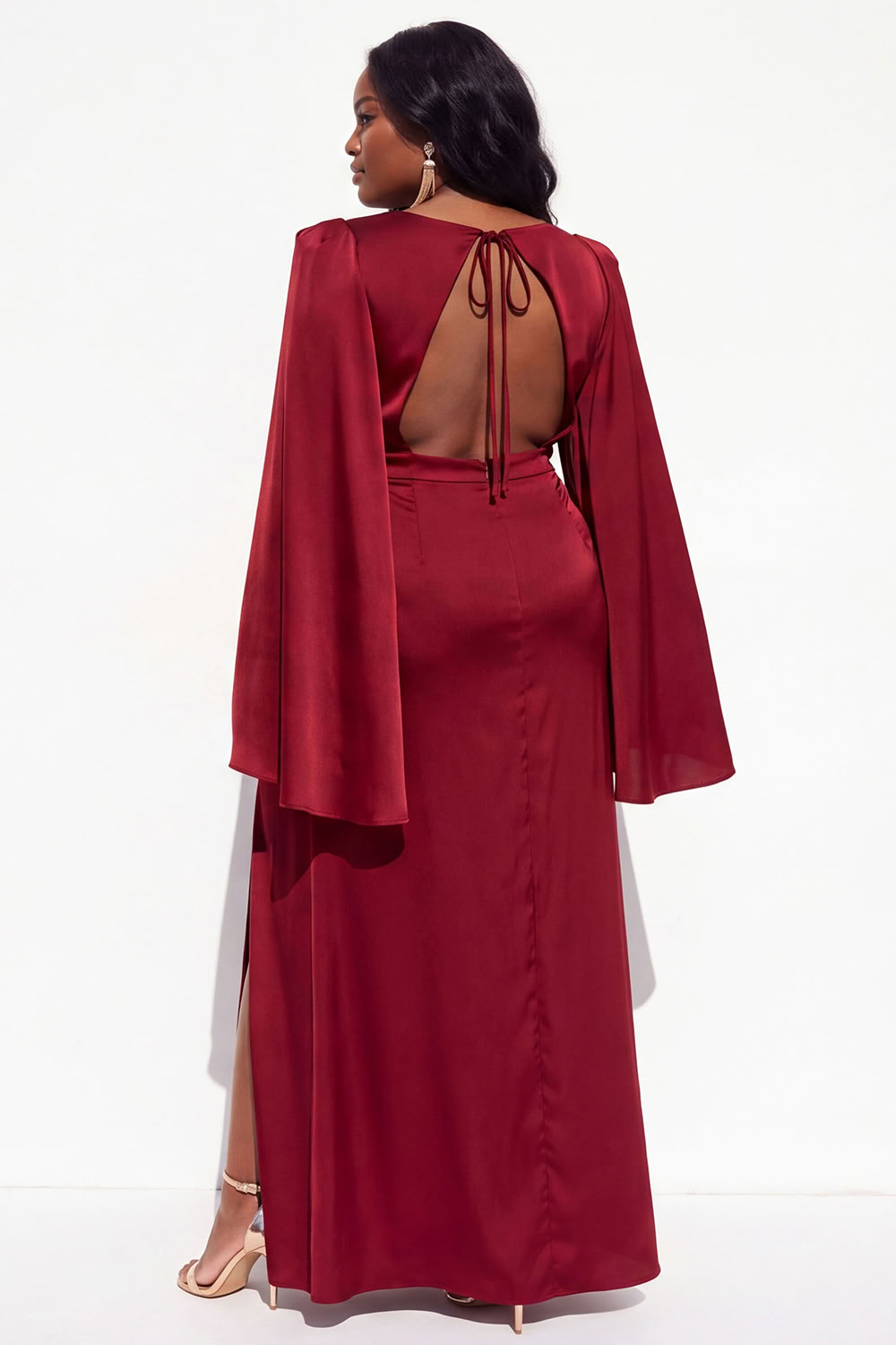 Plus Size Burgundy V-Neck Maxi Wedding Guest Dress with Slit