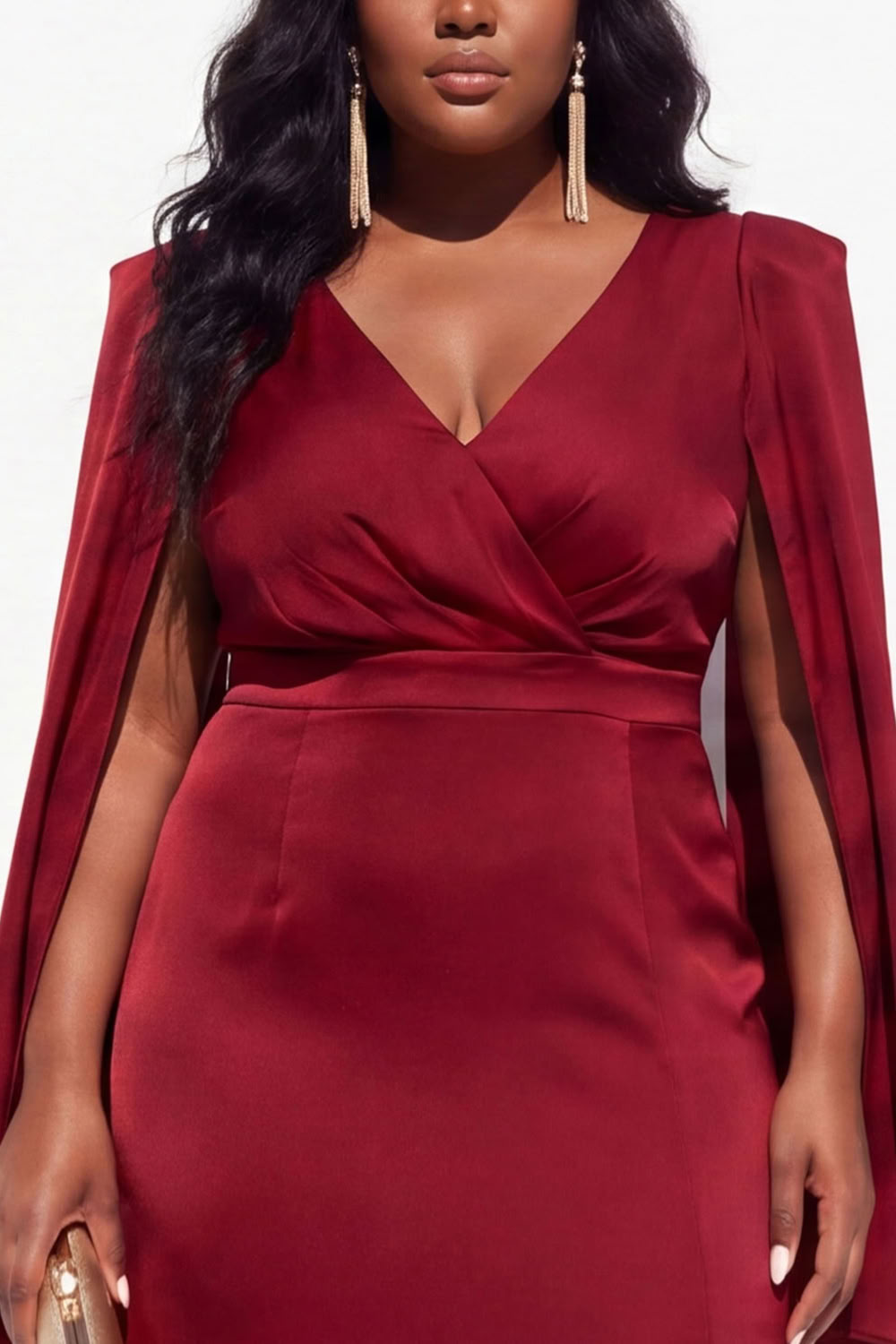 Plus Size Burgundy V-Neck Maxi Wedding Guest Dress with Slit