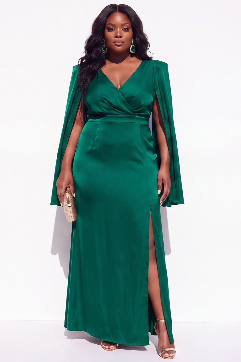 Plus Size Burgundy V-Neck Maxi Wedding Guest Dress with Slit
