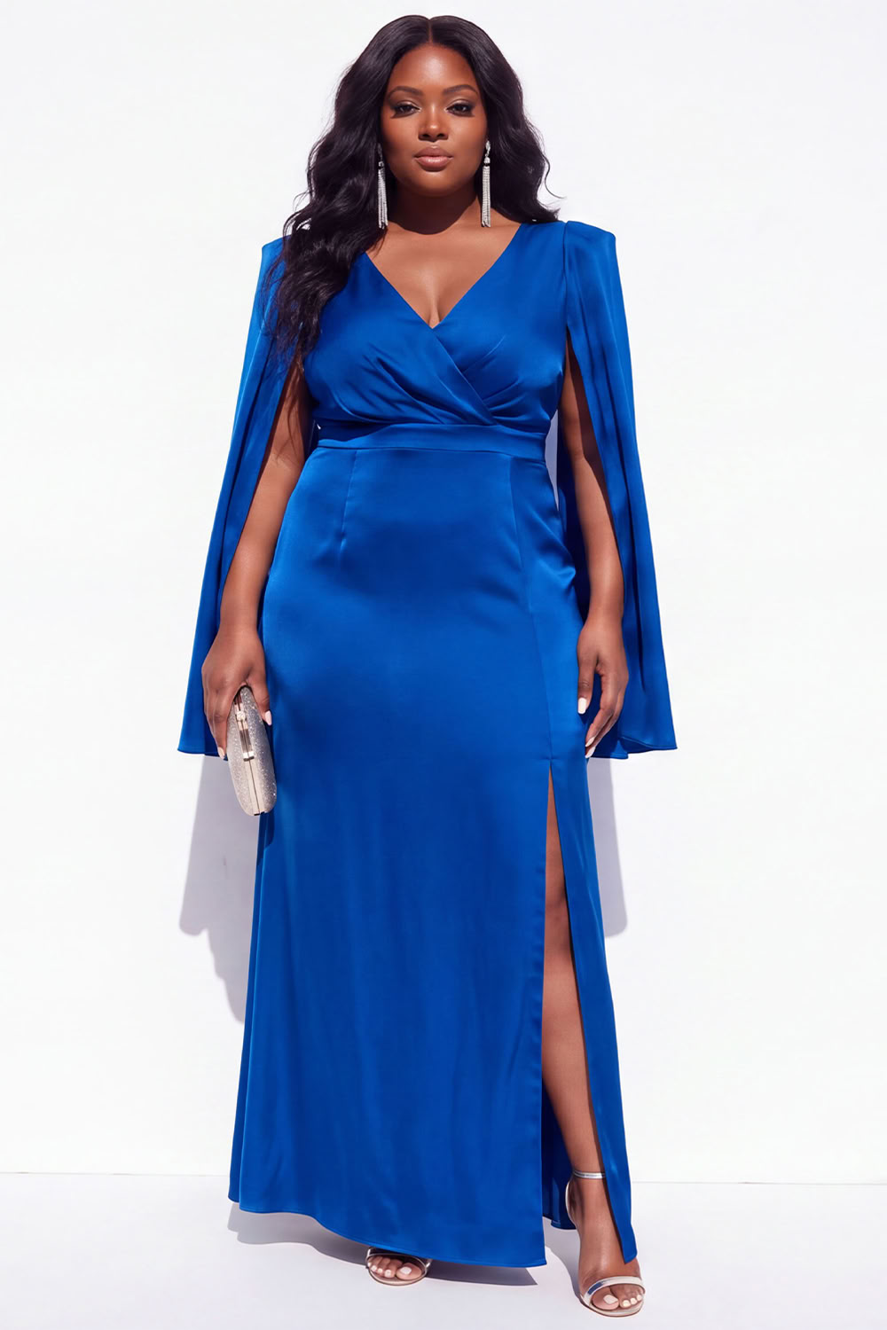 Dressself Women Burgundy Maxi Wedding Guest Dress Plus Size Satin V-Neck Ruched Cape Sleeves Party Dress with Slit