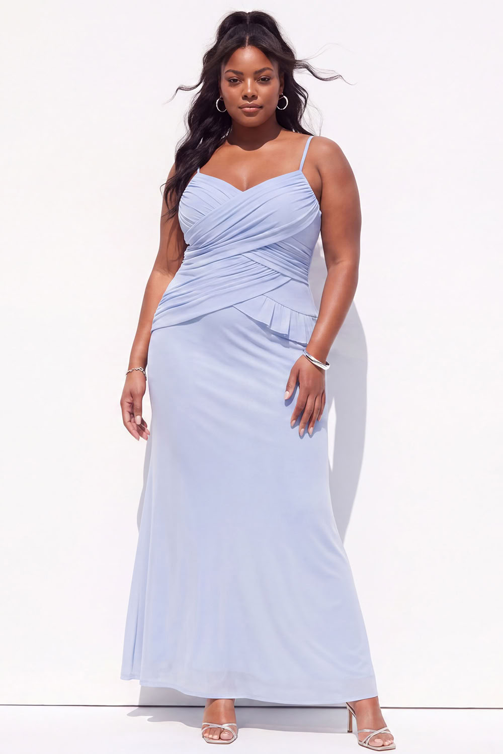 Blue Mermaid Ruched Maxi Plus Size Wedding Guest Dress