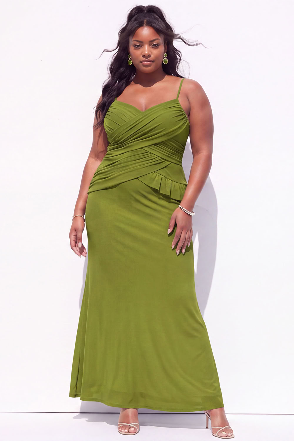 Dressself Women Blue Maxi Wedding Guest Dress Plus Size A-Line Spaghetti Straps Ruched Party Dress with Lace Up Back
