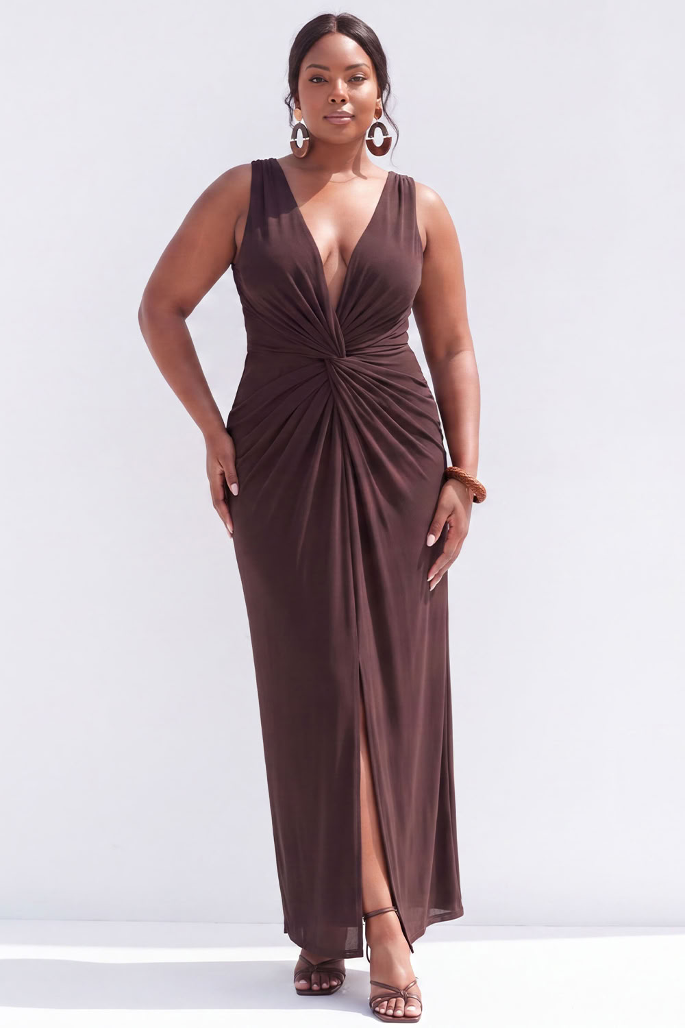 Plus Size Brown Pencil V-Neck Ruched Maxi Wedding Guest Dress with Slit