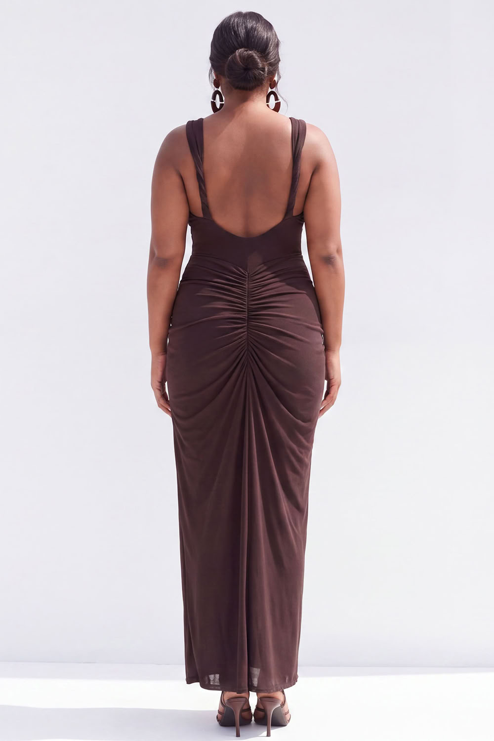 Plus Size Brown Pencil V-Neck Ruched Maxi Wedding Guest Dress with Slit