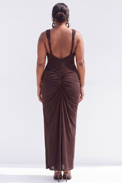 Plus Size Brown Pencil V-Neck Ruched Maxi Wedding Guest Dress with Slit