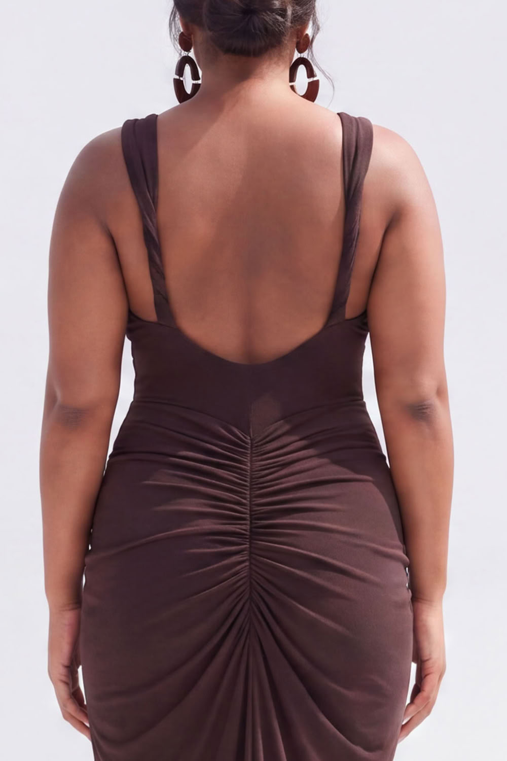 Plus Size Brown Pencil V-Neck Ruched Maxi Wedding Guest Dress with Slit