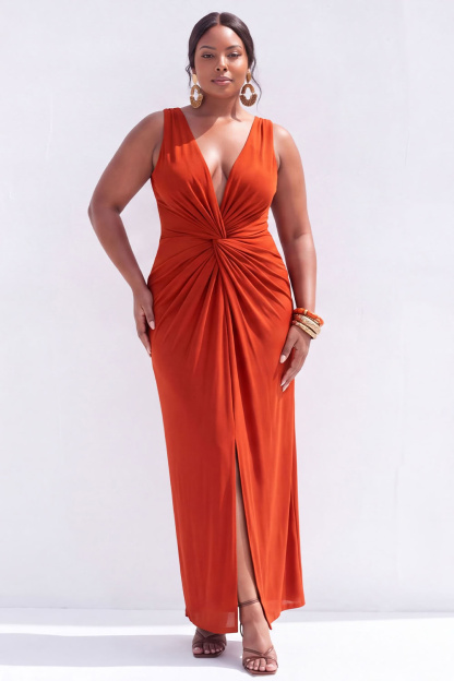 Dressself Women Brown Maxi Wedding Guest Dress Plus Size Ruched Pencil V-Neck Party Dress with Slit