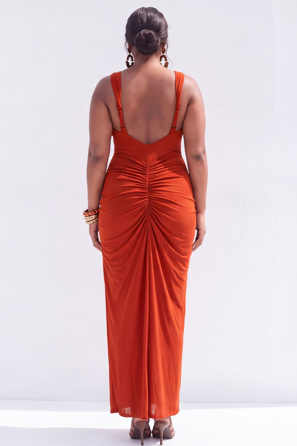 Plus Size Brown Pencil V-Neck Ruched Maxi Wedding Guest Dress with Slit
