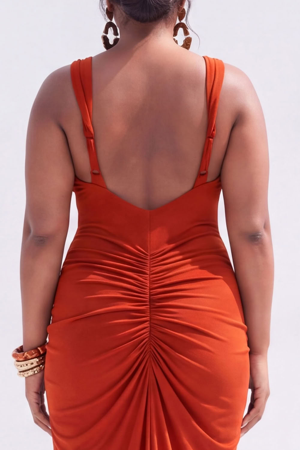 Plus Size Brown Pencil V-Neck Ruched Maxi Wedding Guest Dress with Slit