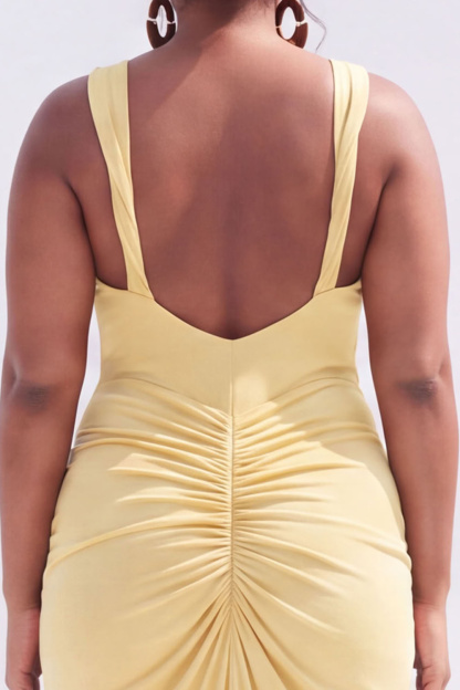 Plus Size Brown Pencil V-Neck Ruched Maxi Wedding Guest Dress with Slit