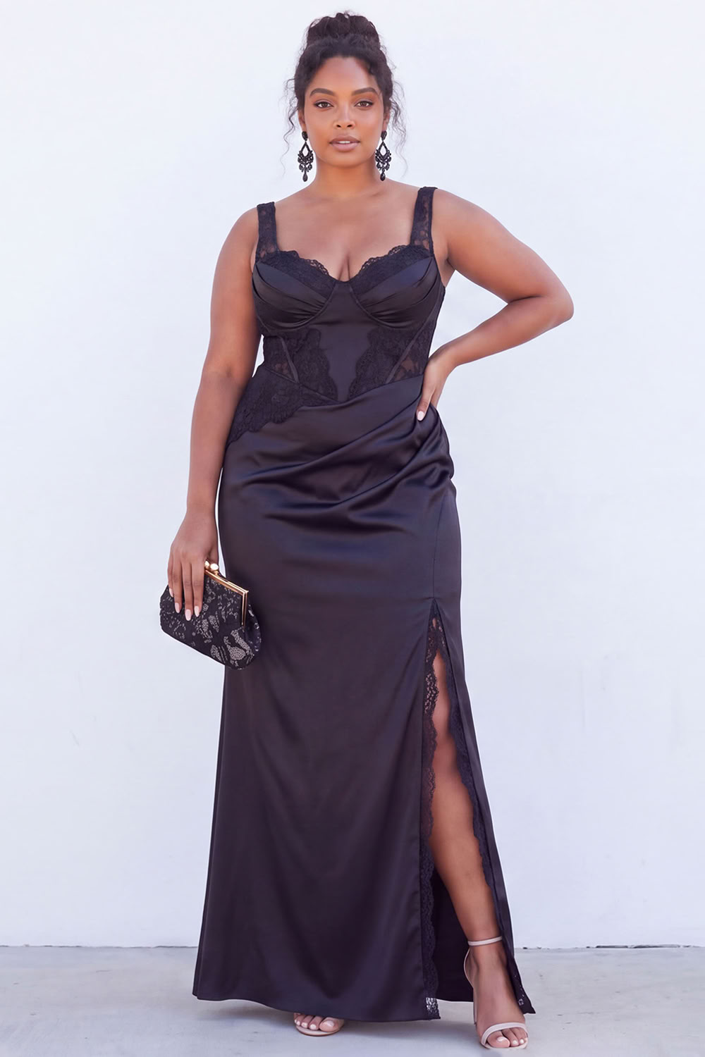 Black Corset Lace Plus Size Maxi Wedding Guest Dress with Slit