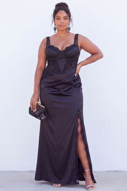 Dressself Women Black Long Wedding Guest Dress Plus Size Lace Corset Ruched Party Dress with Slit