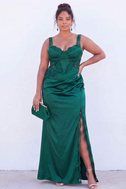 Black Corset Lace Plus Size Maxi Wedding Guest Dress with Slit