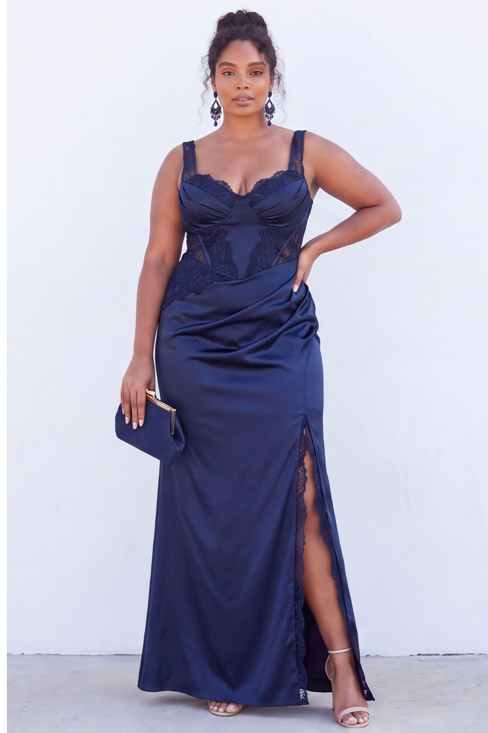 Black Corset Lace Plus Size Maxi Wedding Guest Dress with Slit
