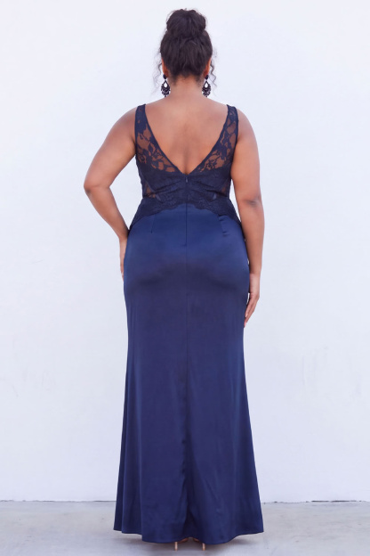 Black Corset Lace Plus Size Maxi Wedding Guest Dress with Slit