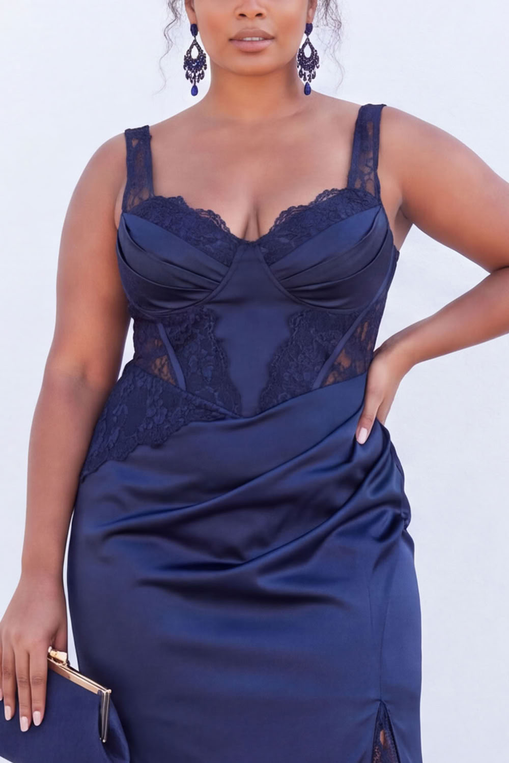 Black Corset Lace Plus Size Maxi Wedding Guest Dress with Slit