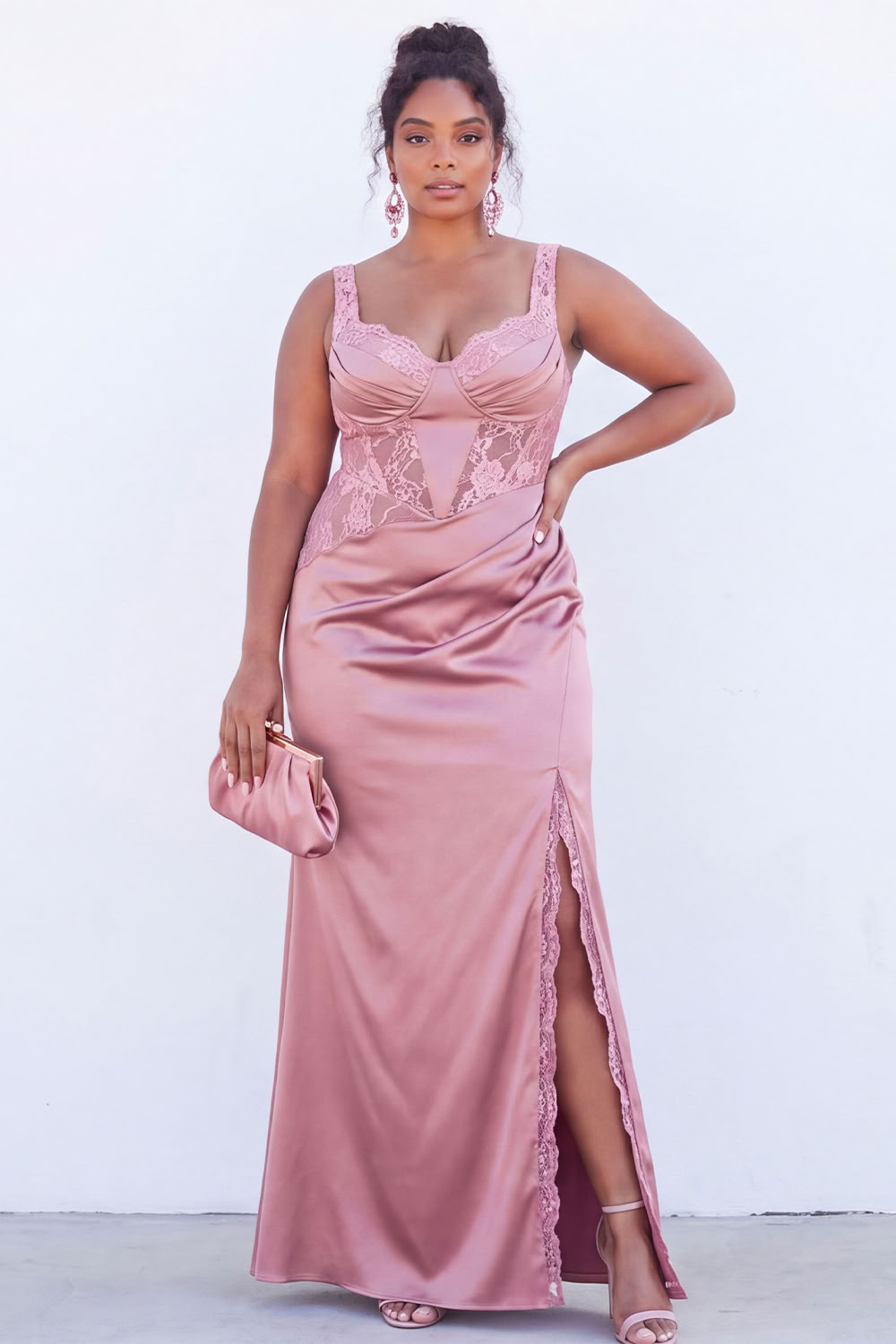 Black Corset Lace Plus Size Maxi Wedding Guest Dress with Slit