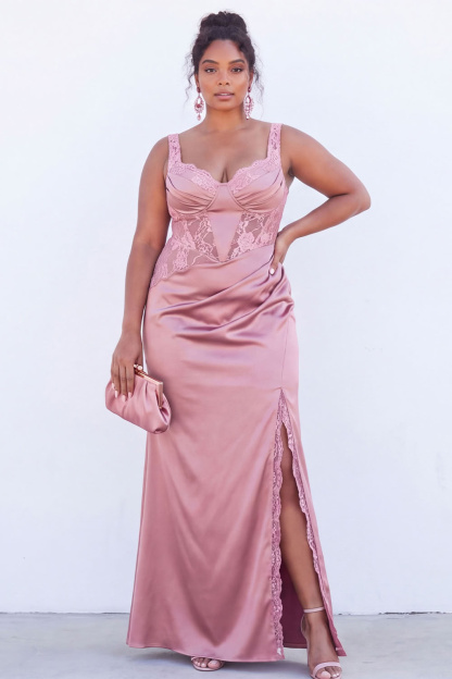 Black Corset Lace Plus Size Maxi Wedding Guest Dress with Slit