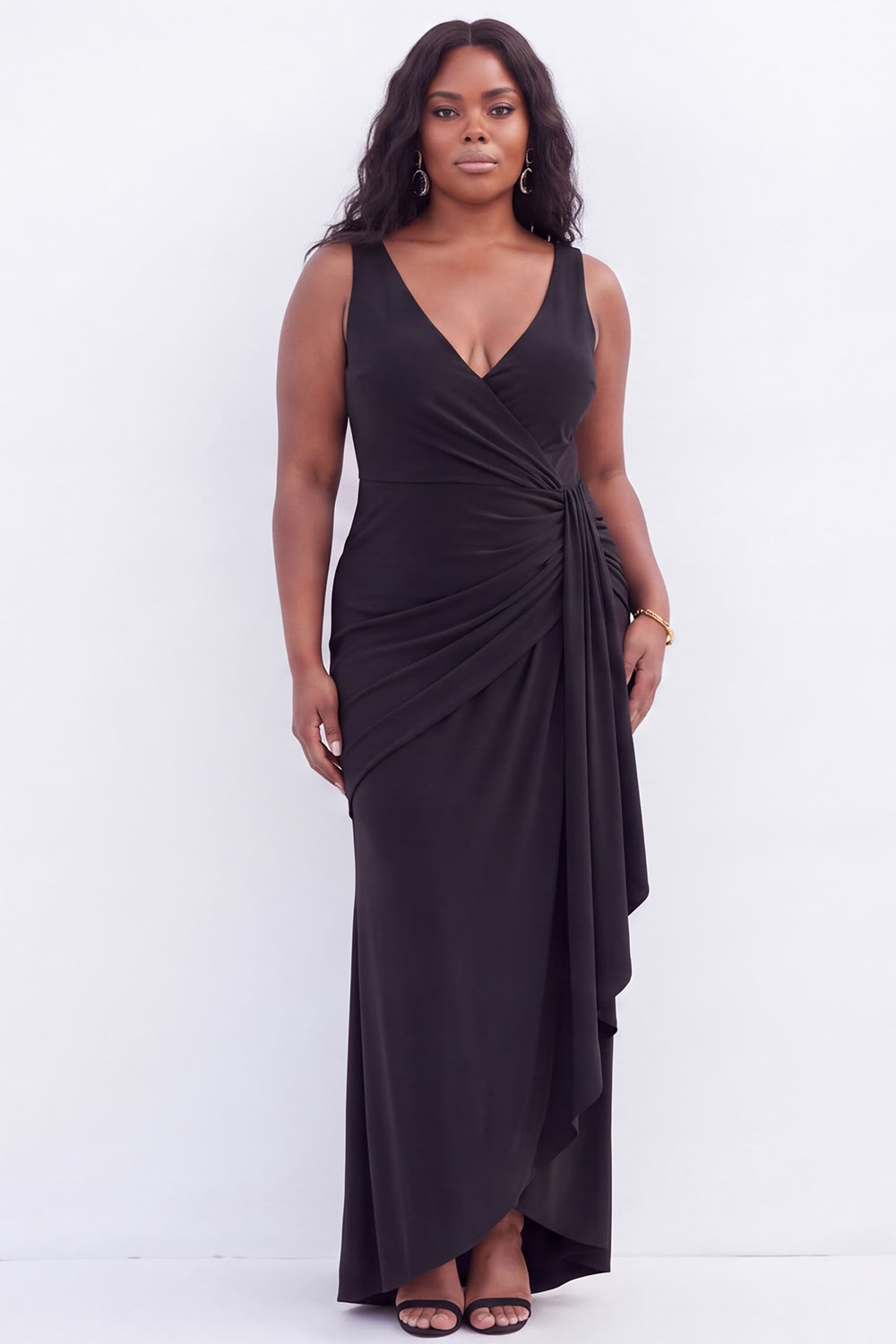 Black Mermaid V-Neck Ruched Maxi Plus Size Wedding Guest Dress