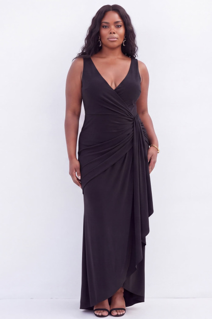 Black Mermaid V-Neck Ruched Maxi Plus Size Wedding Guest Dress