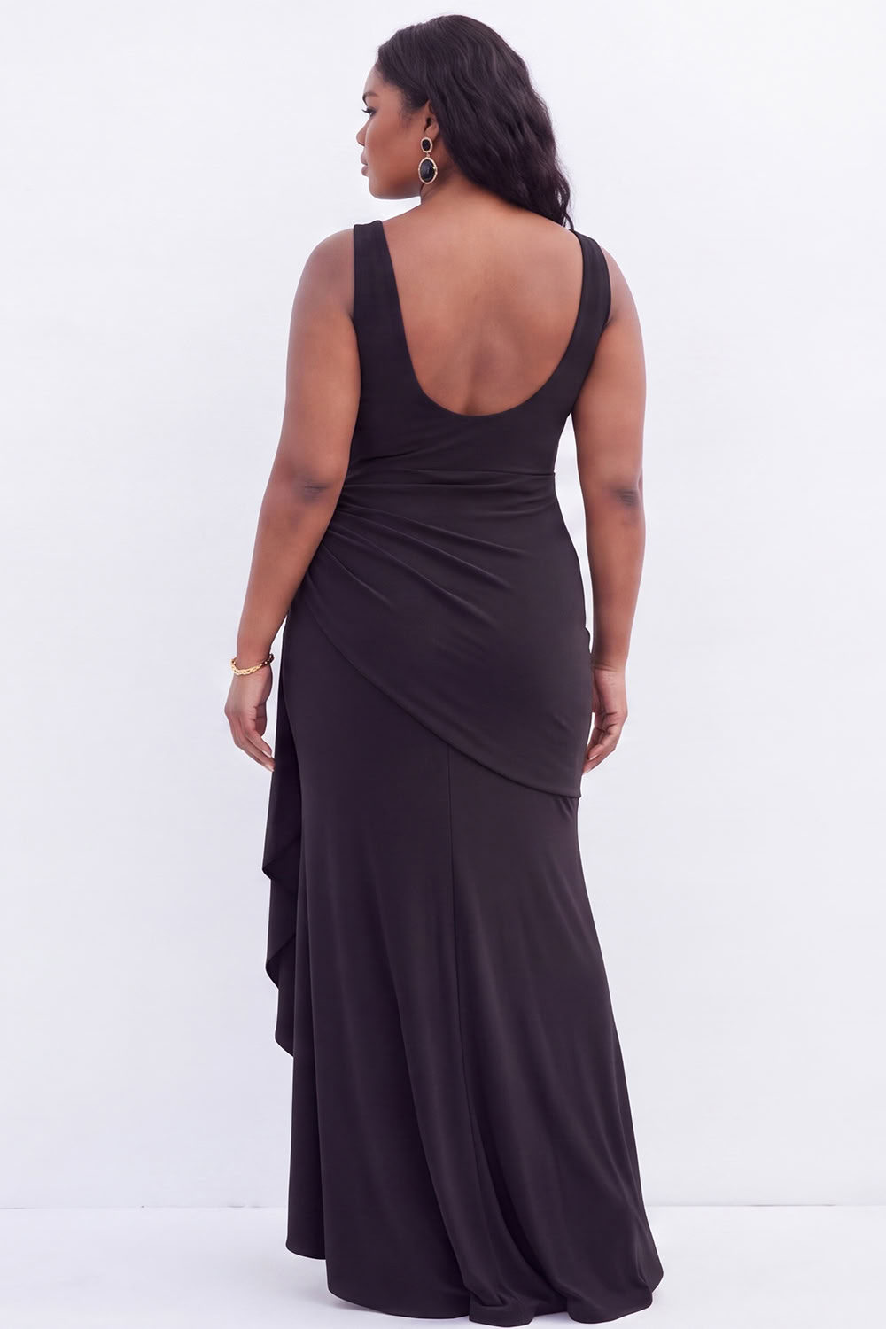 Black Mermaid V-Neck Ruched Maxi Plus Size Wedding Guest Dress