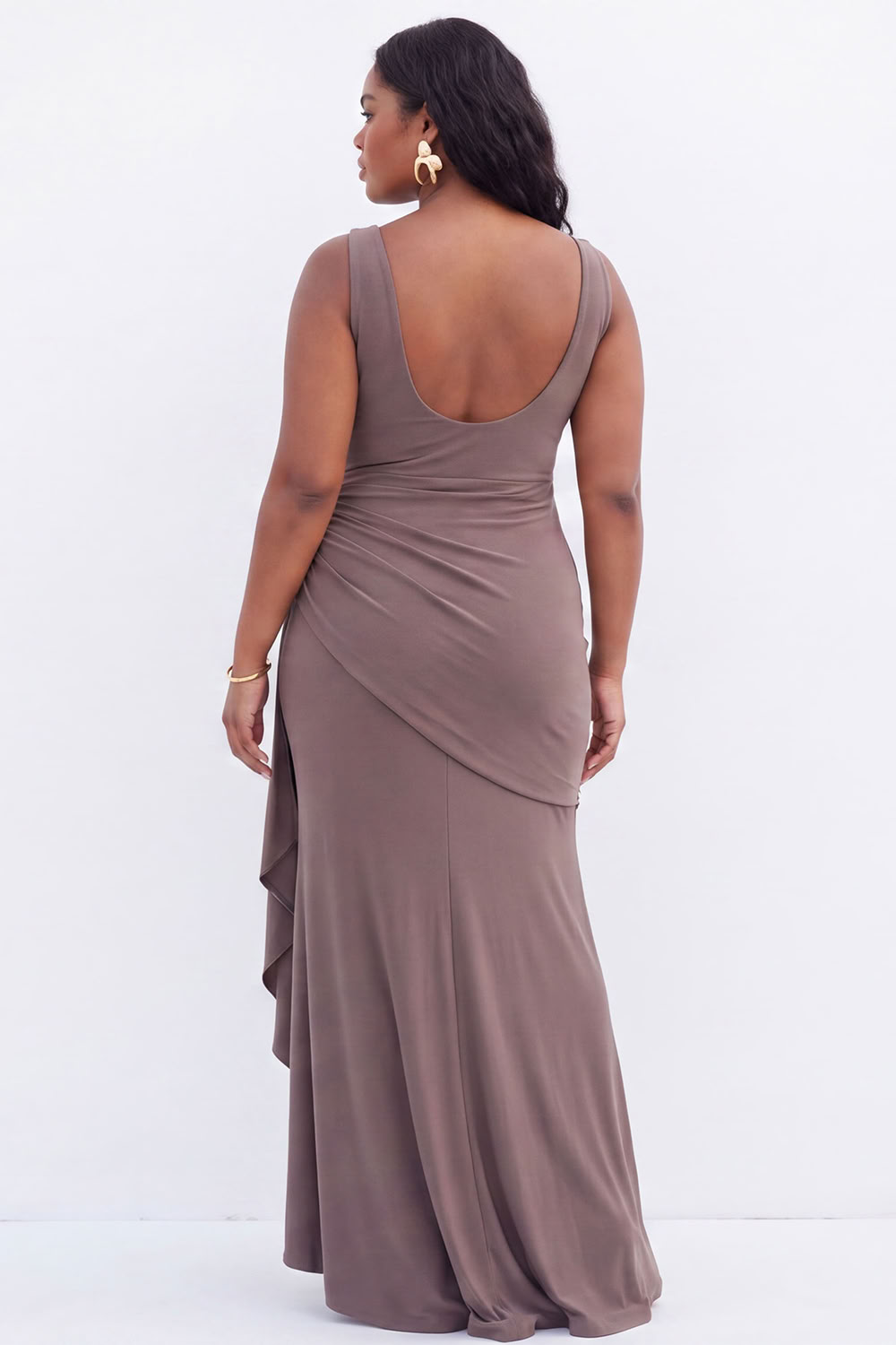 Black Mermaid V-Neck Ruched Maxi Plus Size Wedding Guest Dress