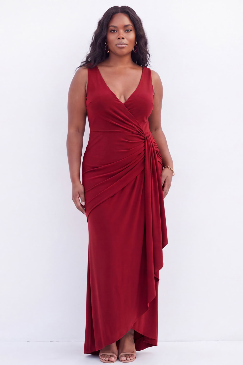 Black Mermaid V-Neck Ruched Maxi Plus Size Wedding Guest Dress