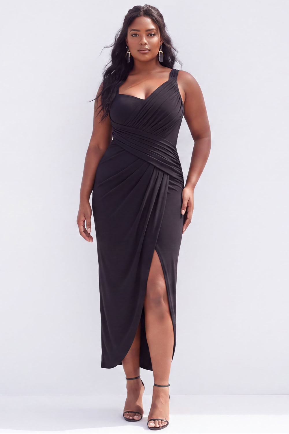 Plus Size Black Ruched Midi Wedding Guest Dress with Slit