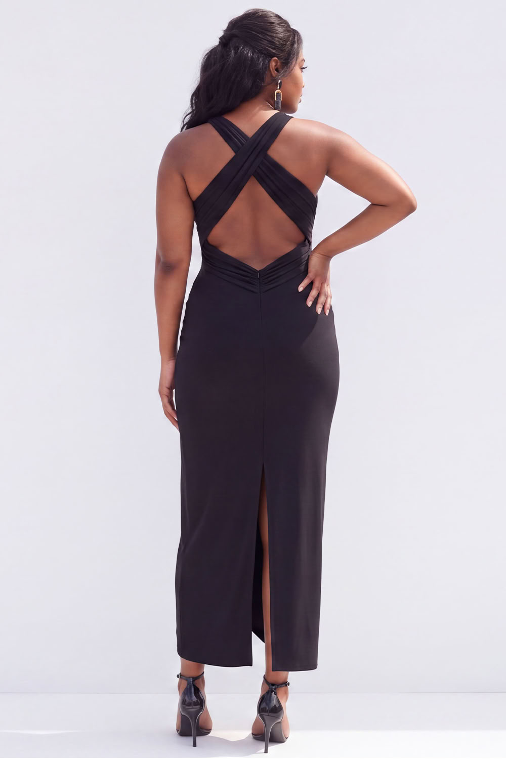 Plus Size Black Ruched Midi Wedding Guest Dress with Slit