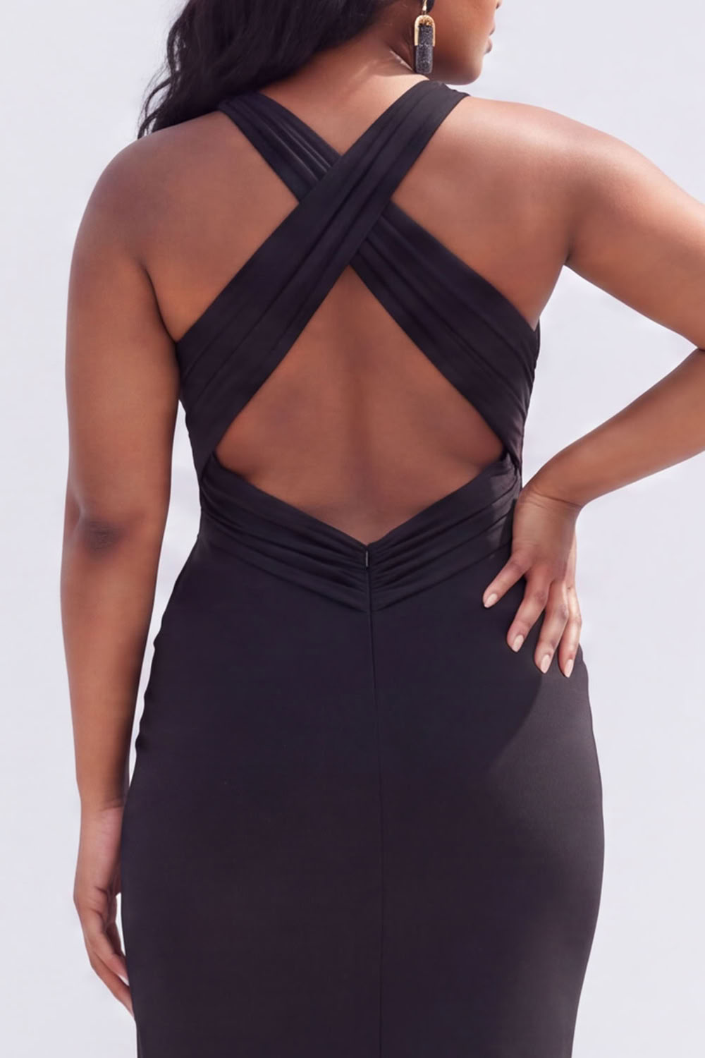 Plus Size Black Ruched Midi Wedding Guest Dress with Slit