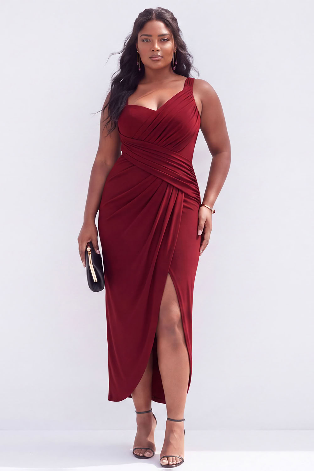Dressself Women Black Midi Wedding Guest Dress Plus Size Sleeveless Ruched Party Dress with Side Slit