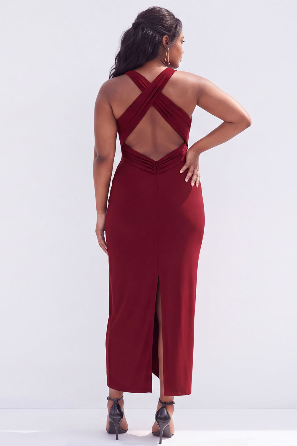 Plus Size Black Ruched Midi Wedding Guest Dress with Slit