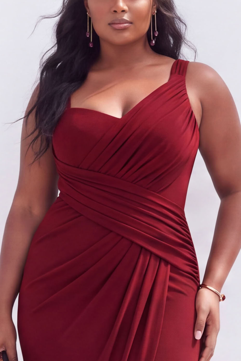 Plus Size Black Ruched Midi Wedding Guest Dress with Slit