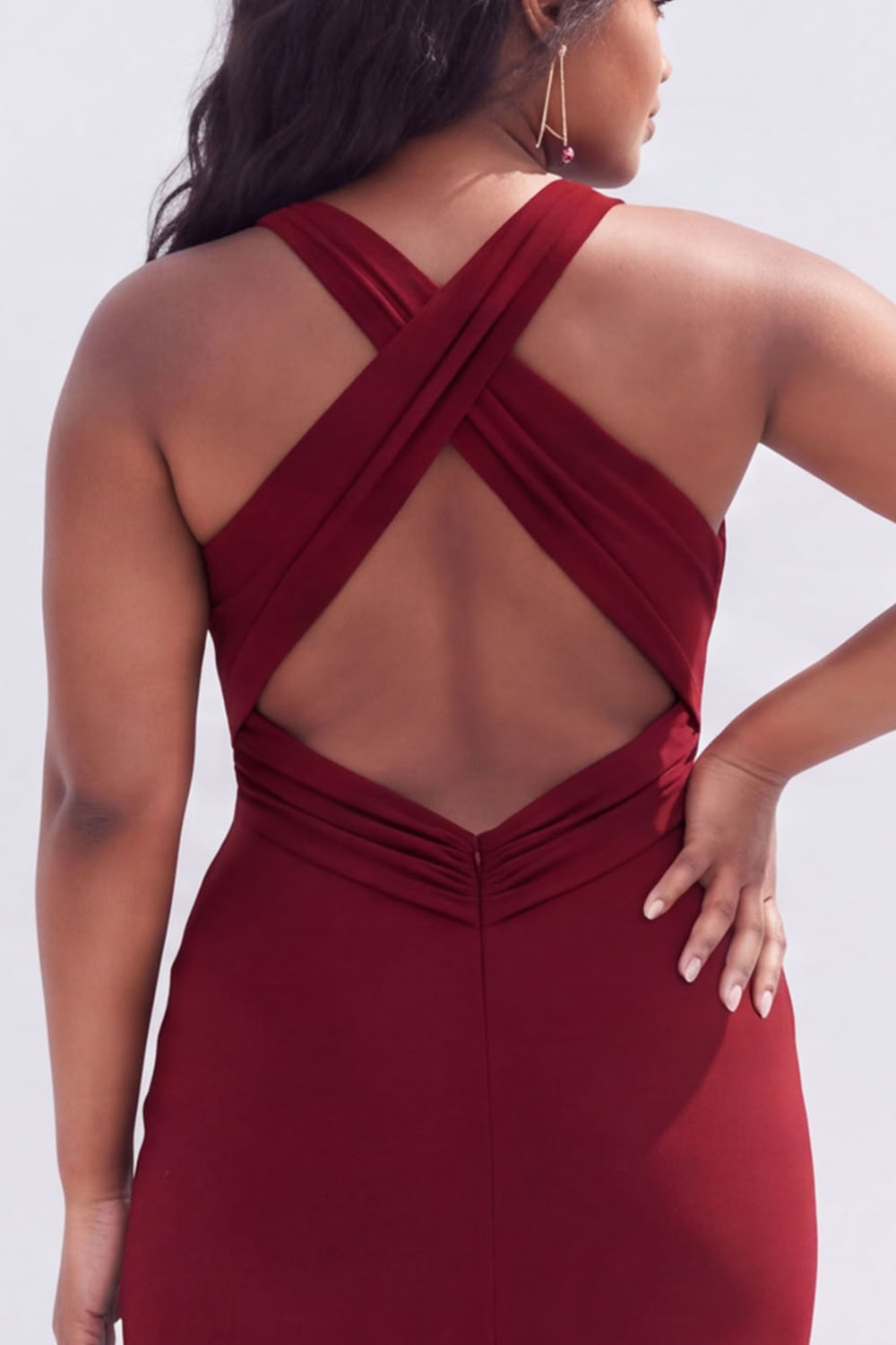 Plus Size Black Ruched Midi Wedding Guest Dress with Slit