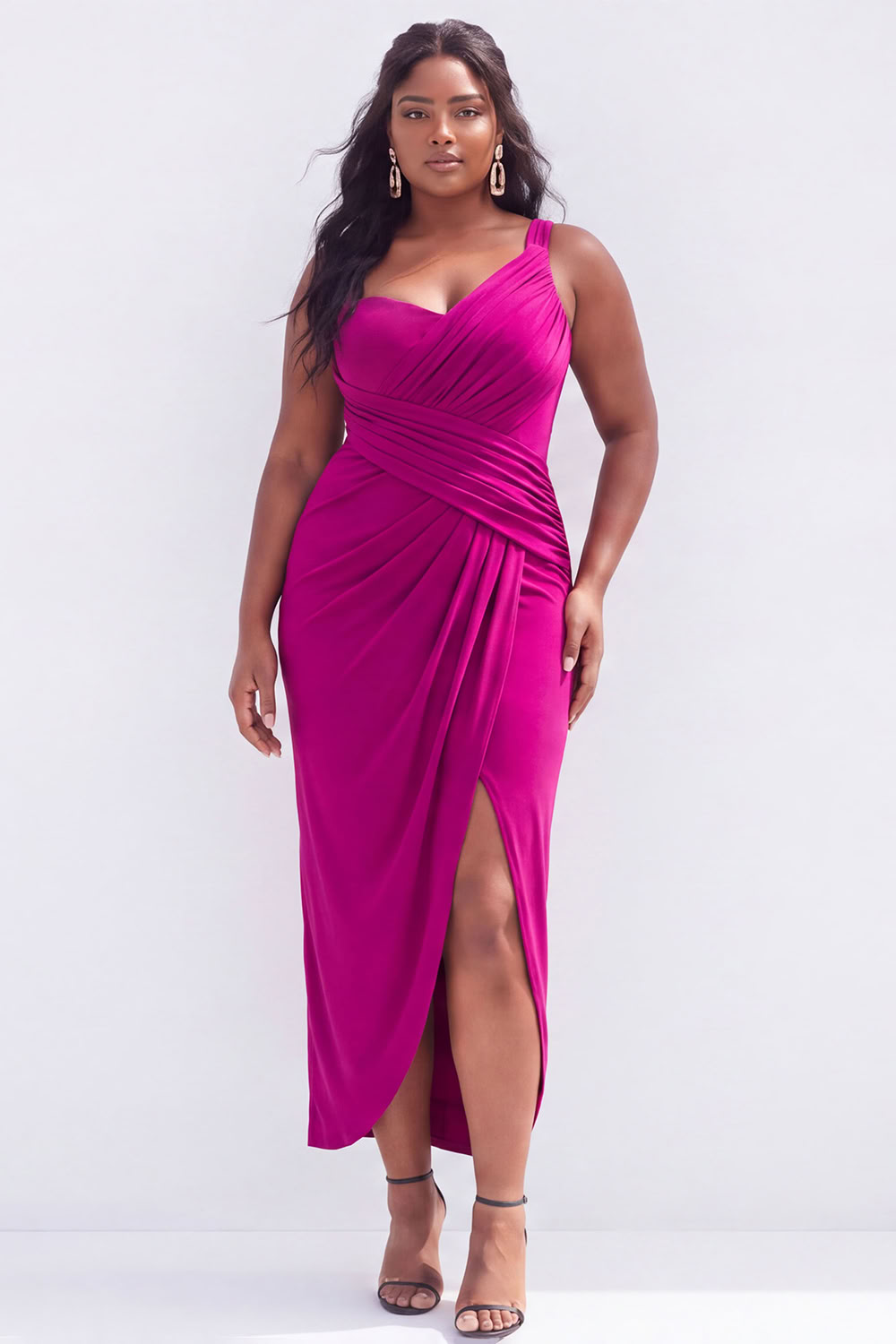 Plus Size Black Ruched Midi Wedding Guest Dress with Slit
