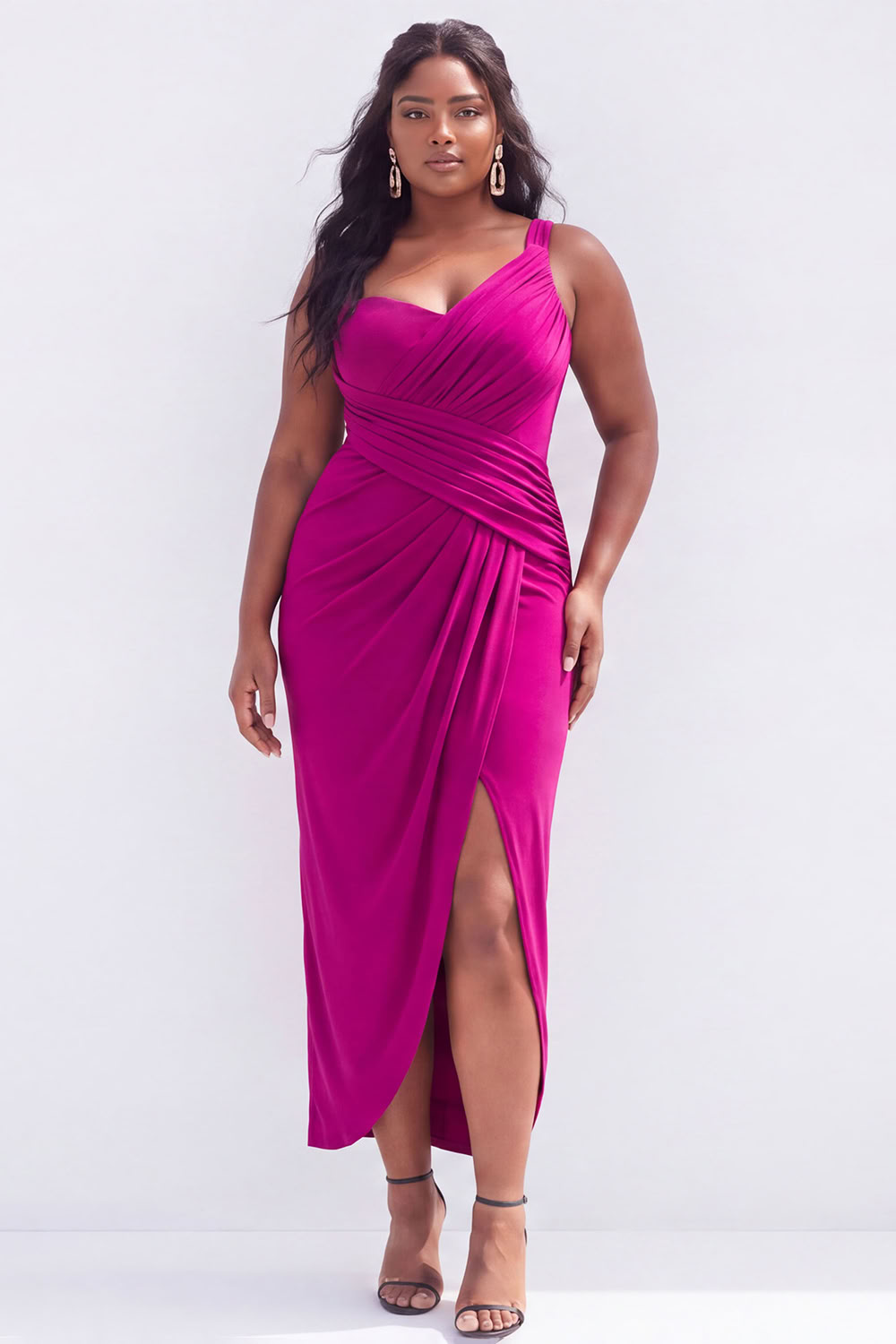 Plus Size Black Ruched Midi Wedding Guest Dress with Slit