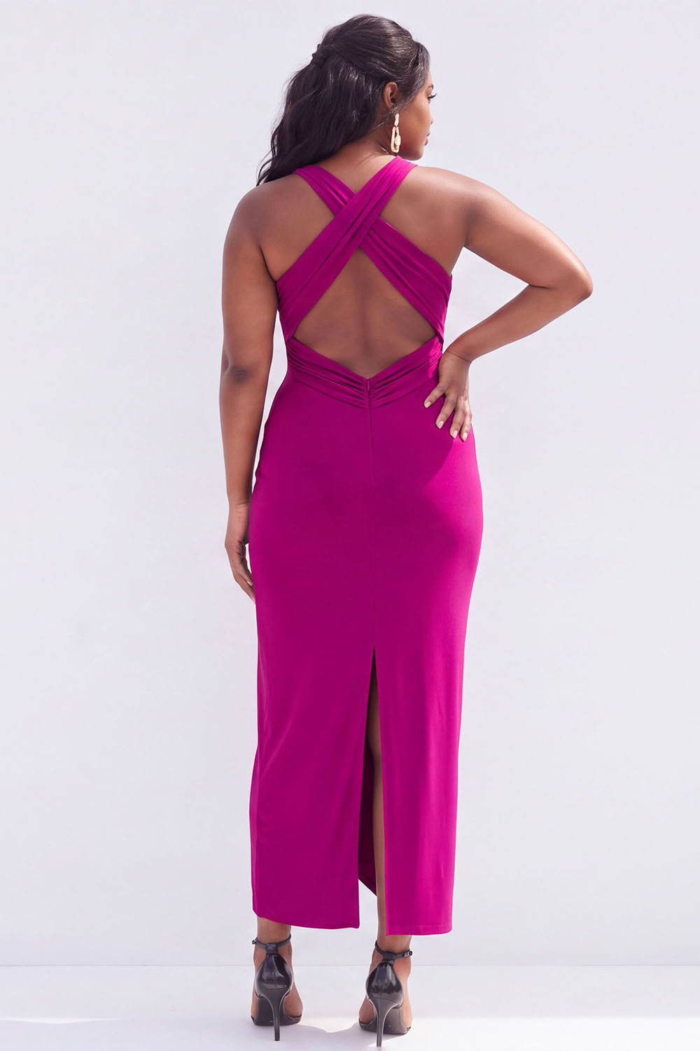 Plus Size Black Ruched Midi Wedding Guest Dress with Slit