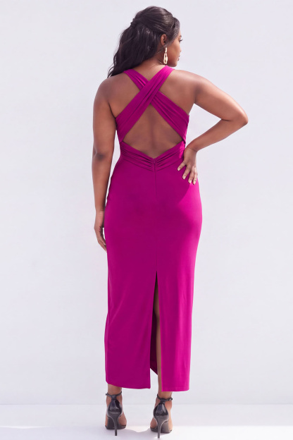 Plus Size Black Ruched Midi Wedding Guest Dress with Slit