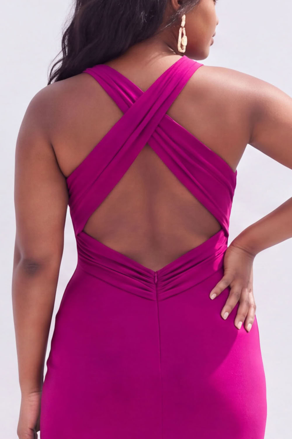 Plus Size Black Ruched Midi Wedding Guest Dress with Slit
