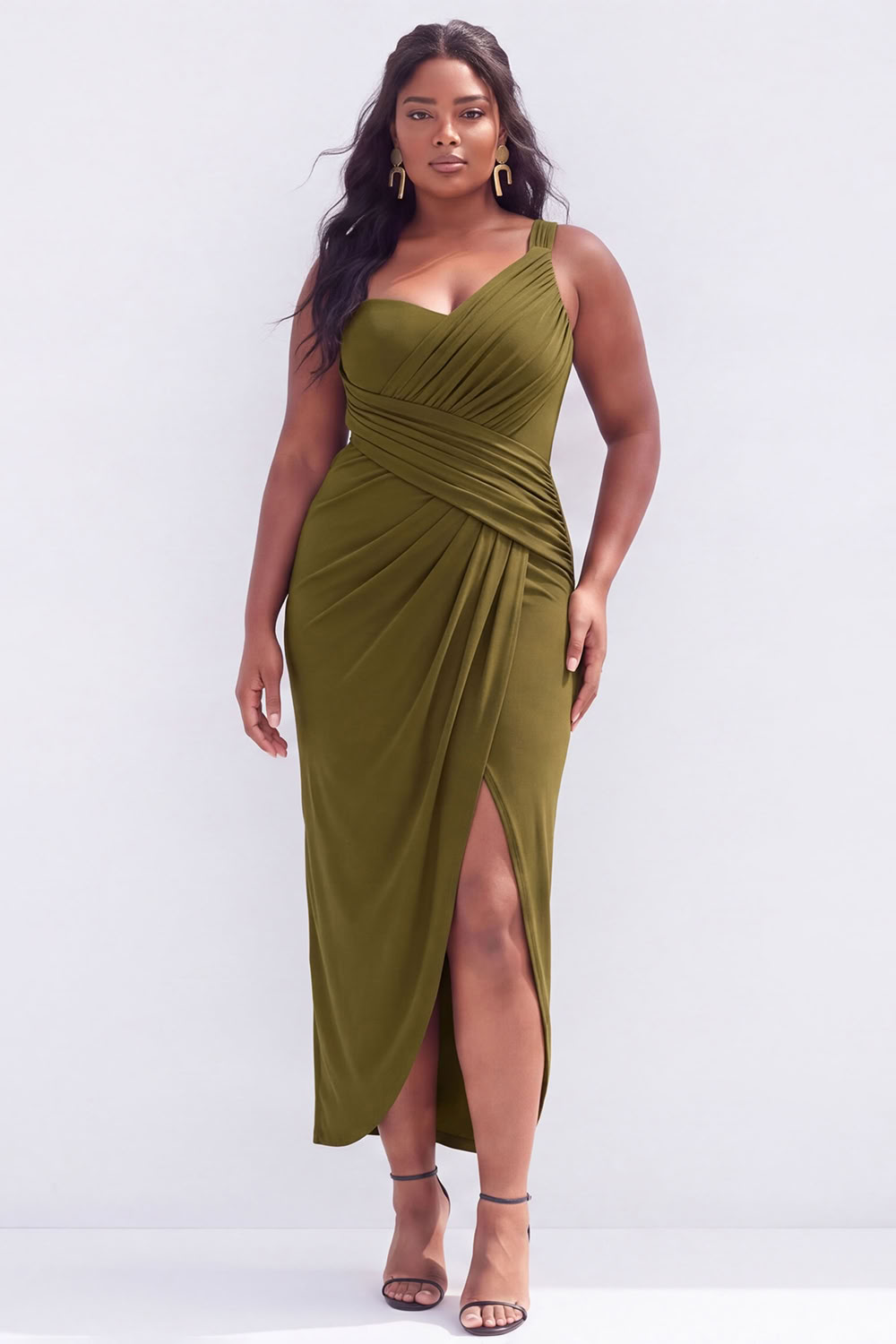 Plus Size Black Ruched Midi Wedding Guest Dress with Slit