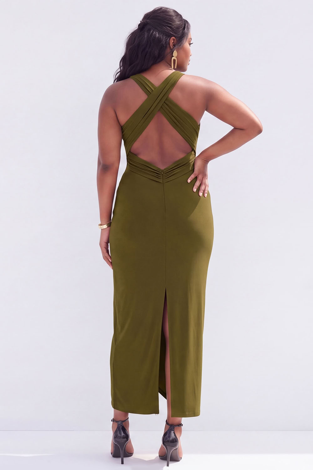 Plus Size Black Ruched Midi Wedding Guest Dress with Slit