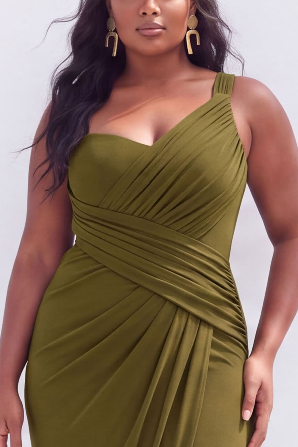 Plus Size Black Ruched Midi Wedding Guest Dress with Slit