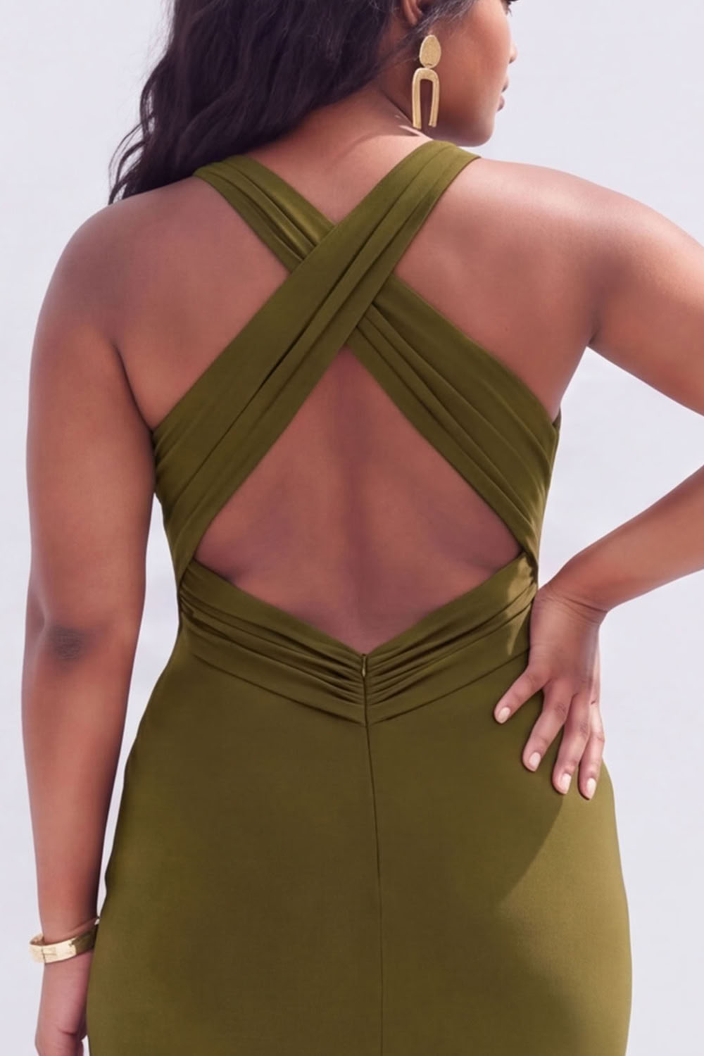 Plus Size Black Ruched Midi Wedding Guest Dress with Slit
